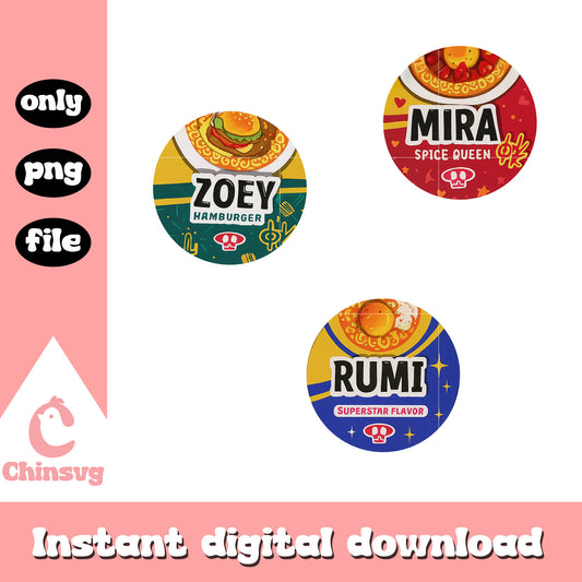 Team girl noodles design png, mira png, rumi png, zoey png