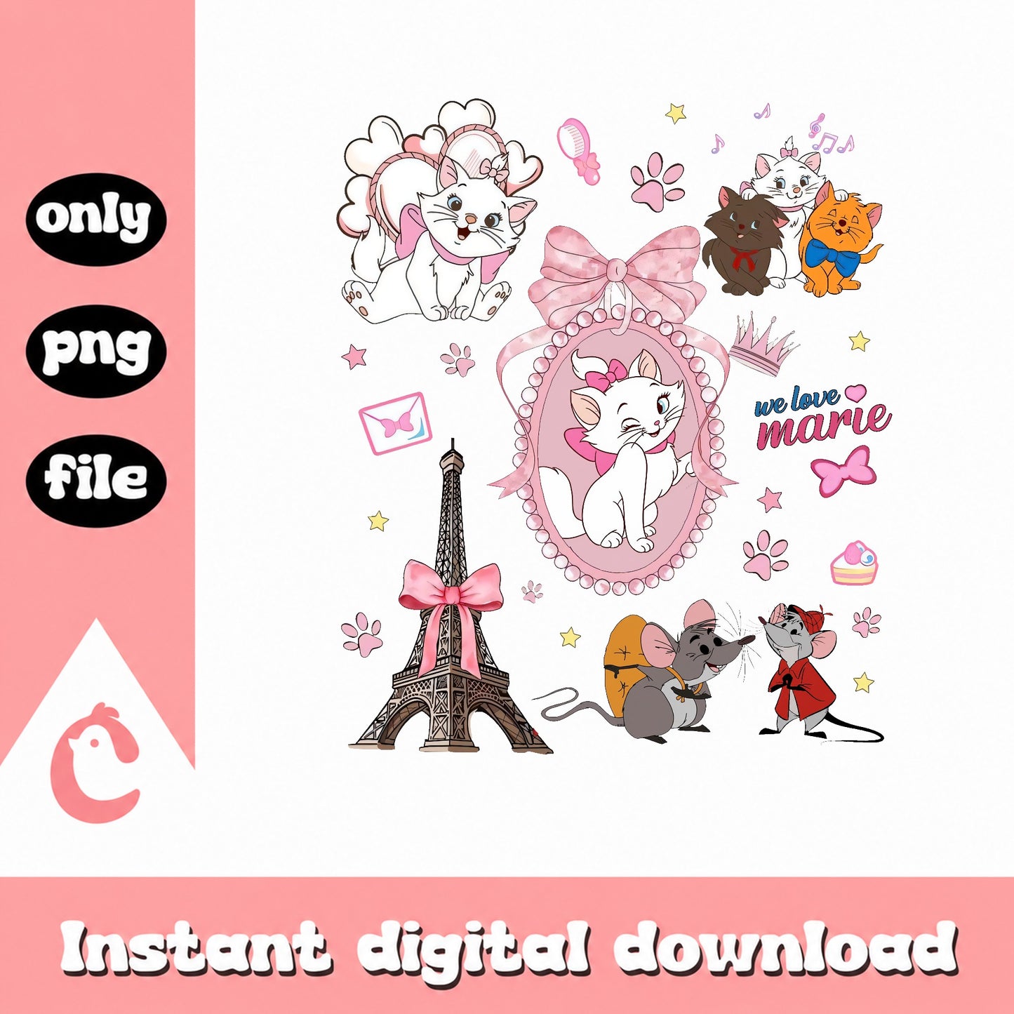 The Aristocats Marie PNG Bundle, Disney Cats Clipart PNG, Paris PNG