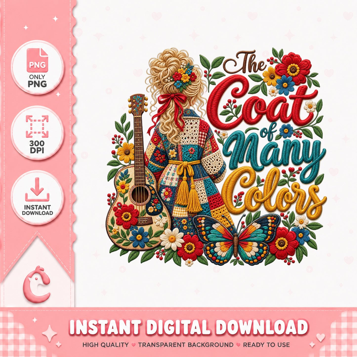 The Coat Of Many Colors PNG, Hippie Girl With Guitar, Floral PNG