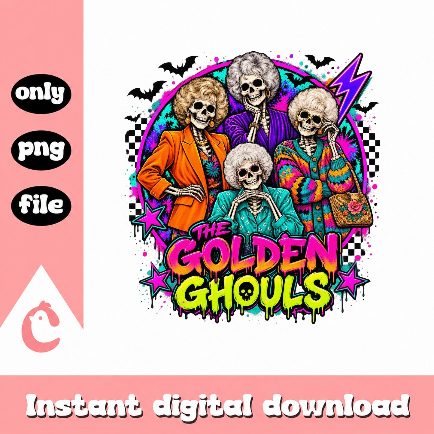 The Golden Ghouls PNG, Retro Halloween Skeleton, 80s Style PNG