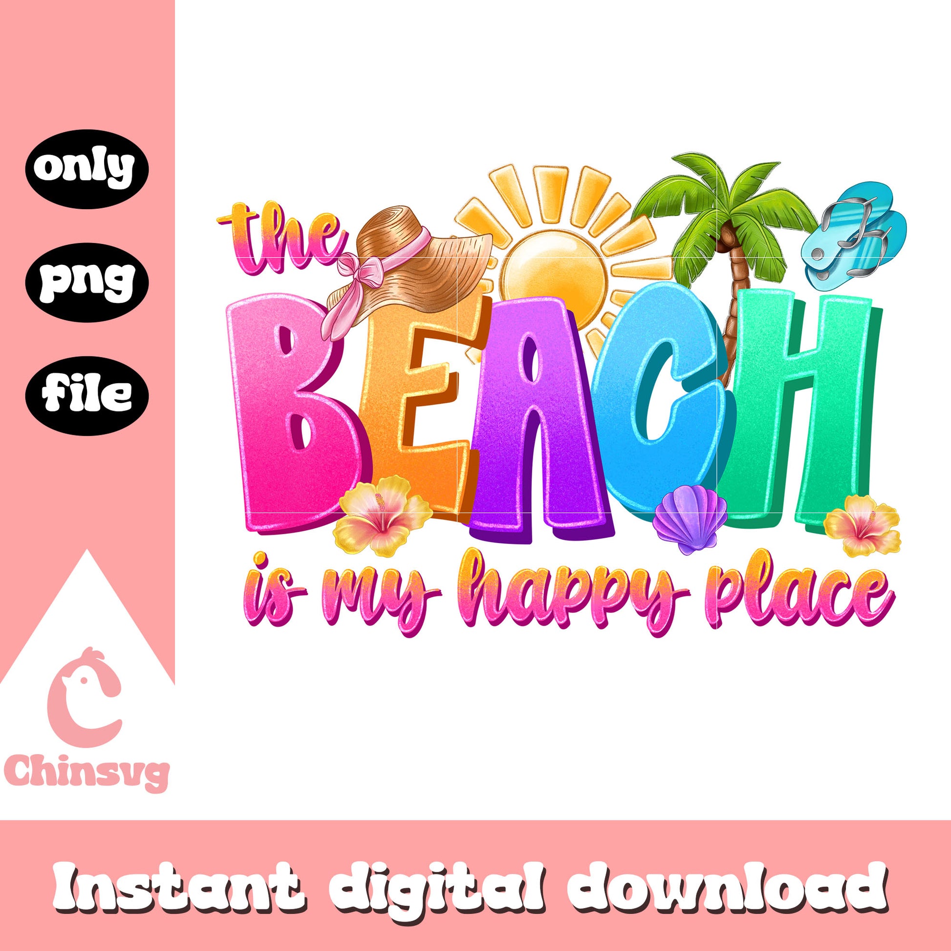 The beach is my happy place quote png, summer quote png