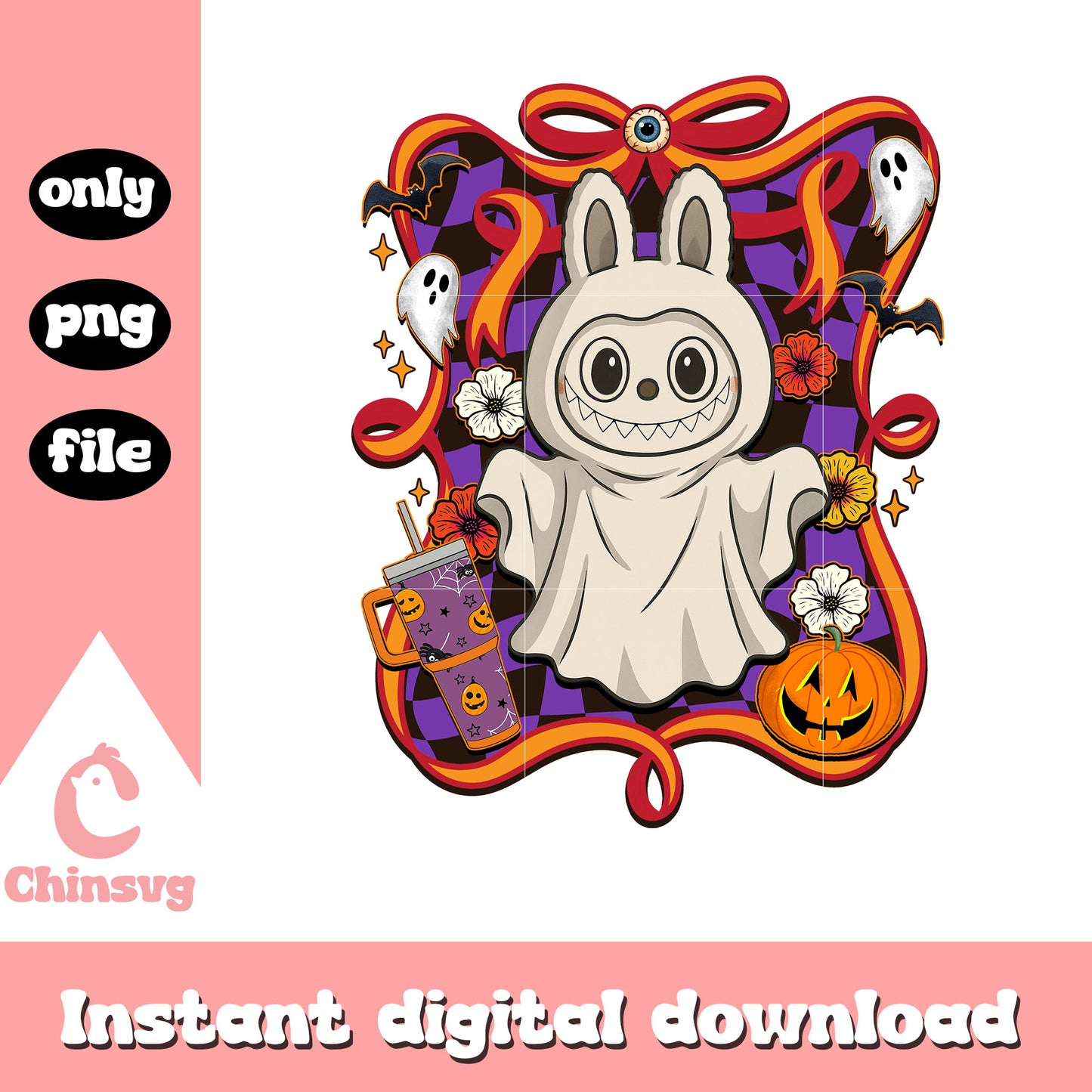 The ghost halloween labubu bow png, halloween ghost png