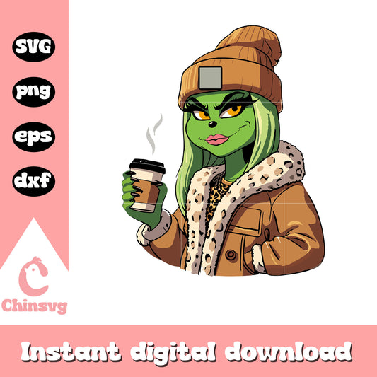 The grinch girl and coffee svg, the grinch svg, coffee svg