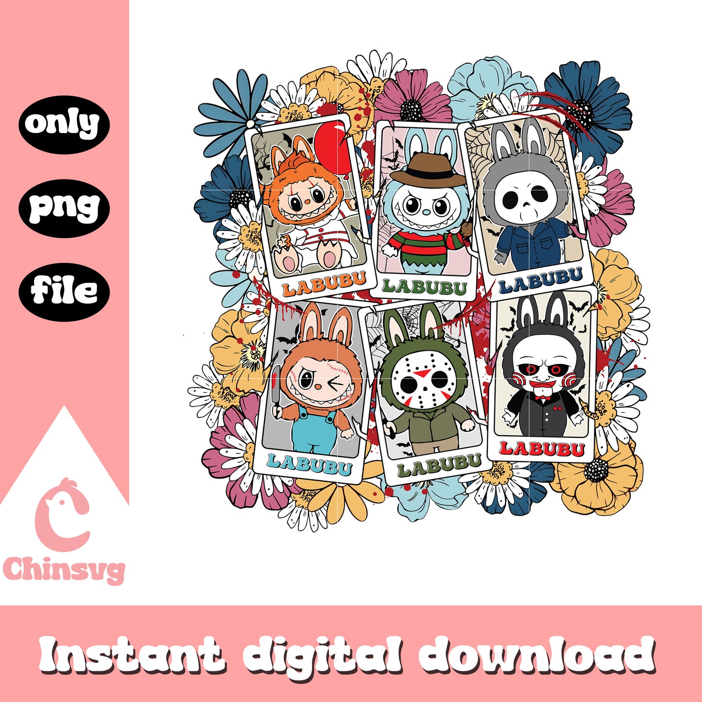 The horror killers labubu floral png, labubu the monsters png