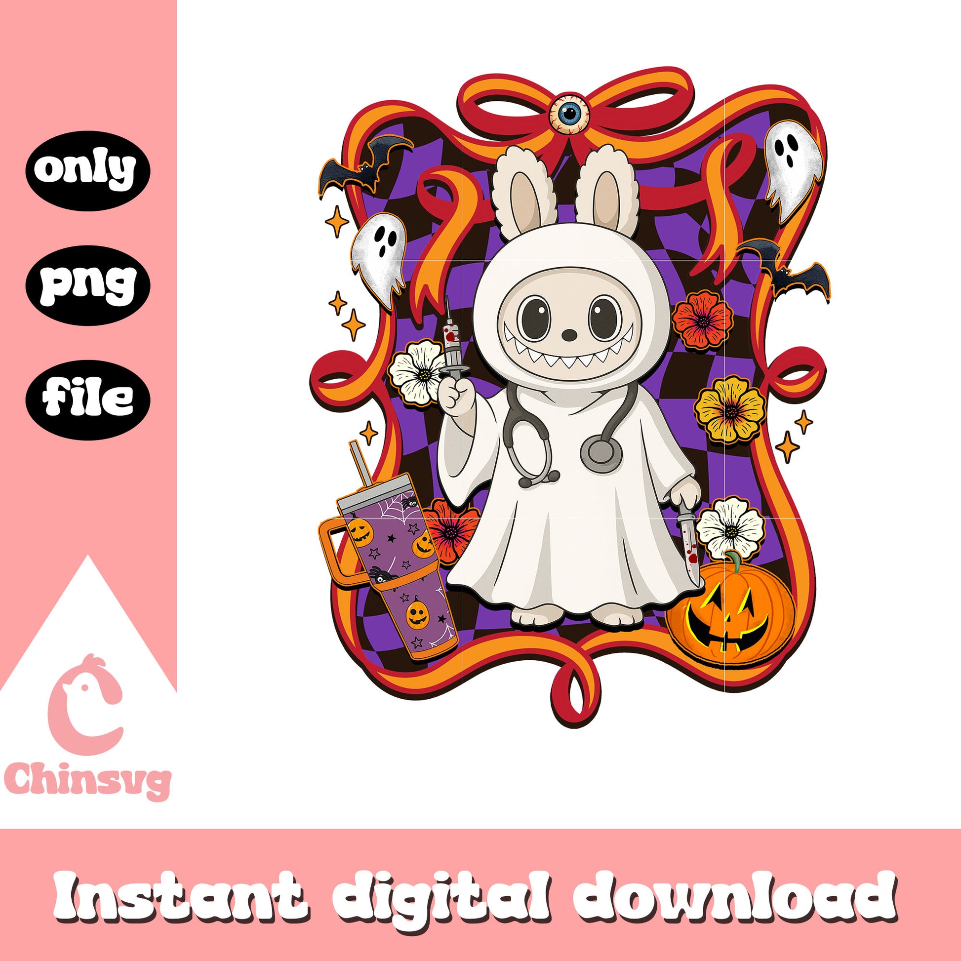 The mad doctor halloween labubu bow png, trick or treat png