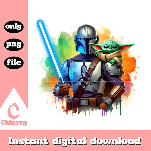 The mandalorian and yoda watercolor clipart png, baby yoda art png
