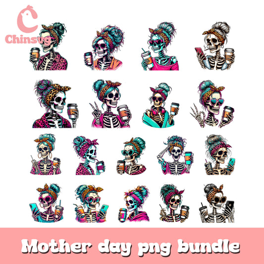 The mom skeleton holding coffee bundle png, skeleton mom​ png