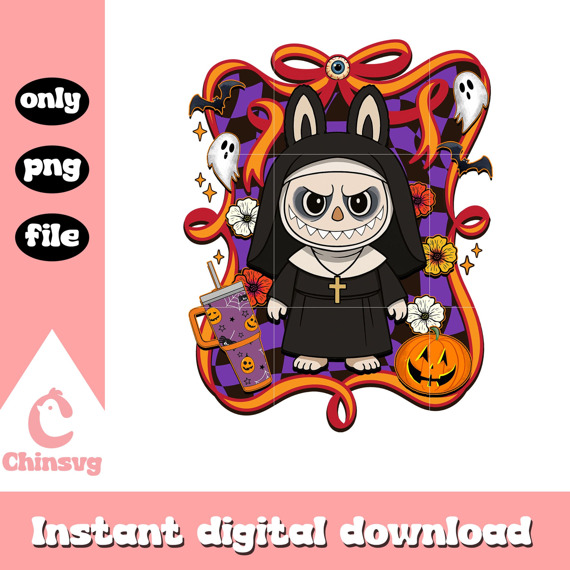 The nun halloween labubu bow png, the nun halloween decoration png