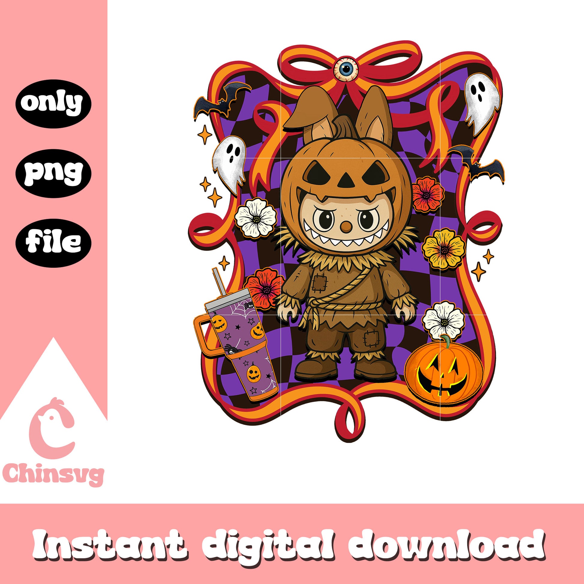 The pumpkin man halloween labubu bow png, pumpkin halloween png