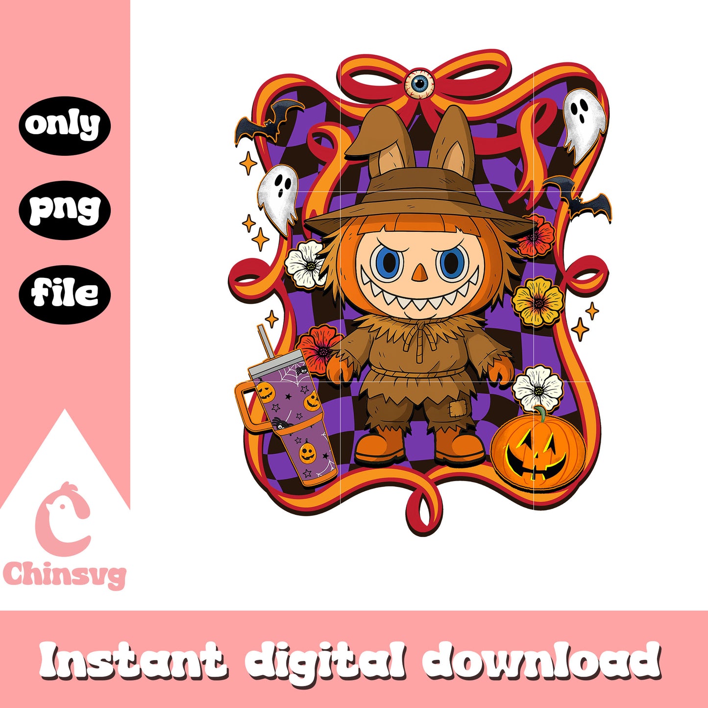 The scarecrow halloween labubu bow png, halloween scarecrow png