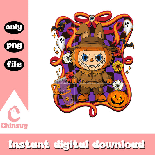 The scarecrow halloween labubu bow png, halloween scarecrow png