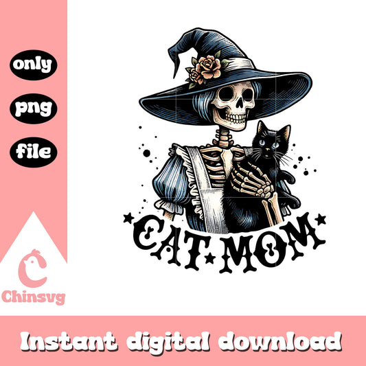 The skeleton witch cat mom design png, black mom png