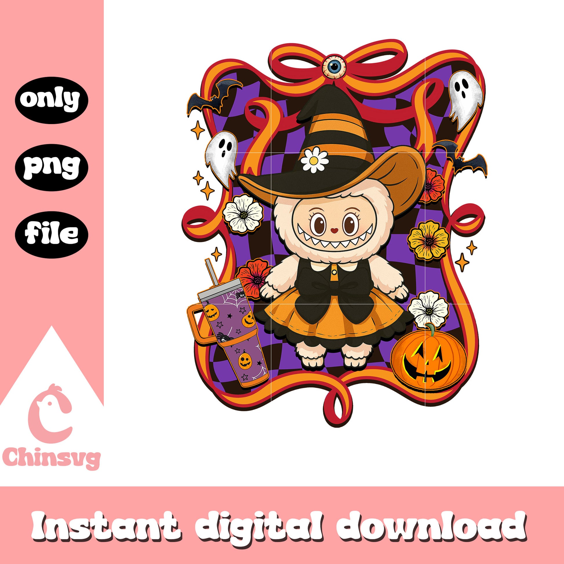 The witch in orange dress halloween labubu bow png, halloween png