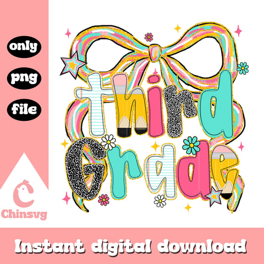 Third grade on school png, grade school png, vintage bow png