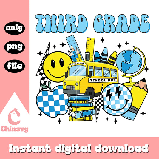 Third grade school bus clipart design png, back to school png