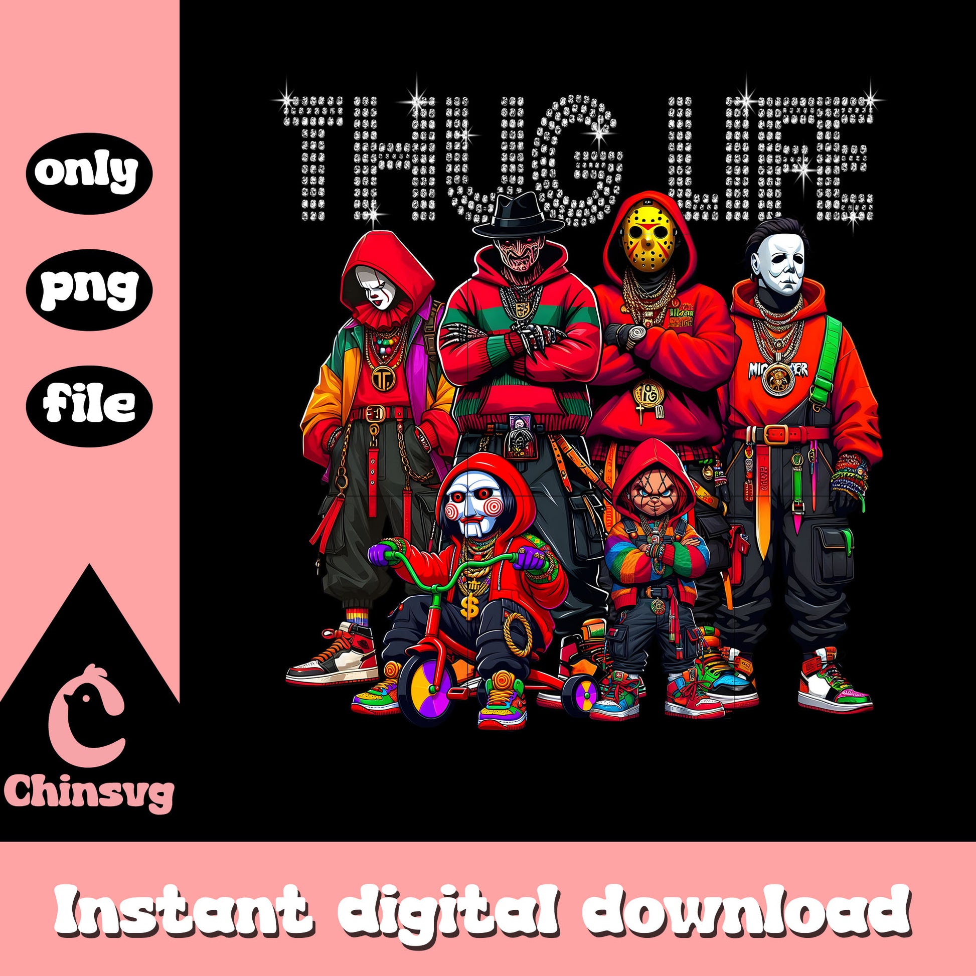 Thug life all the killers street style png, all the horror movie characters png