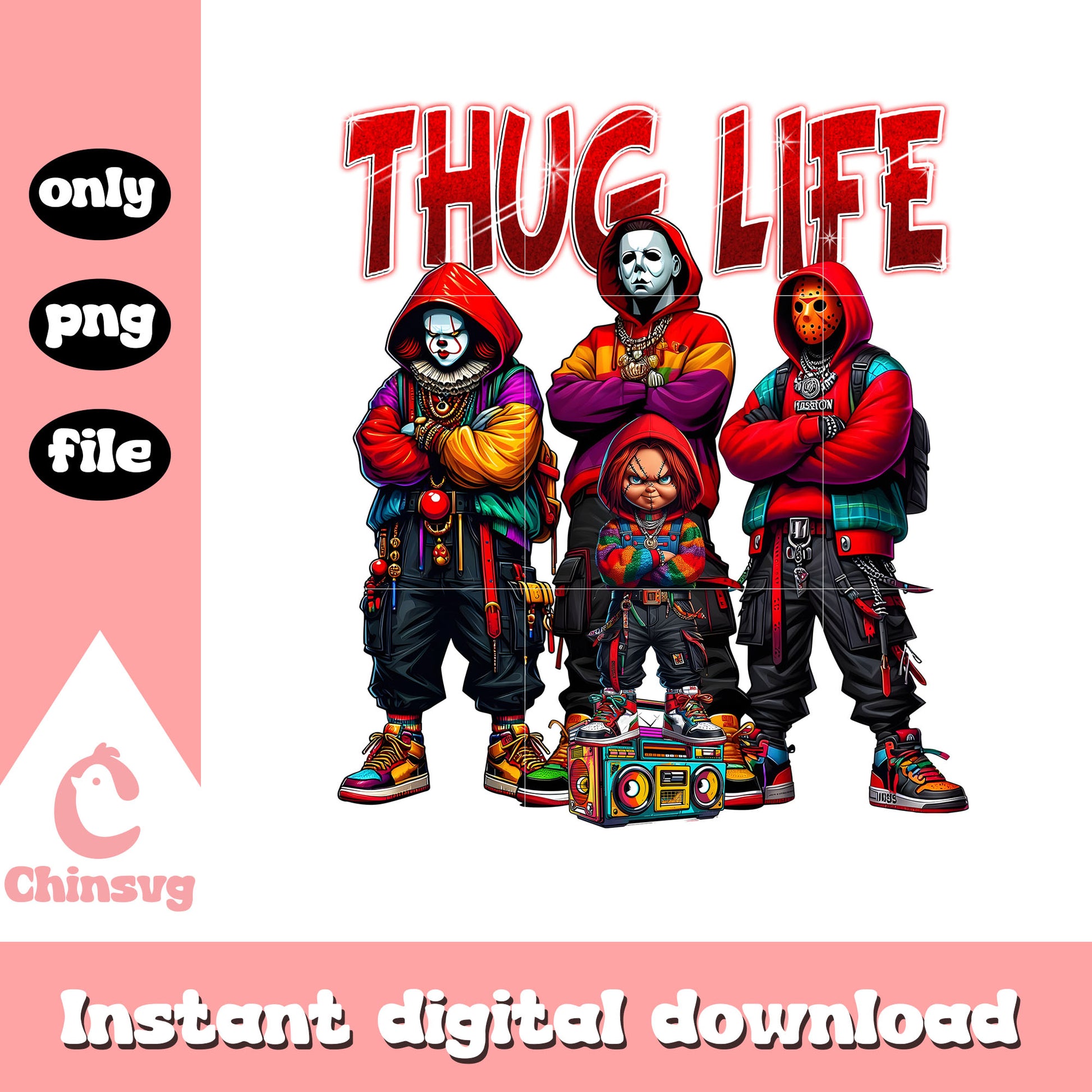 Thug life chucky michael jason pennywise boombox png, all the horror characters png
