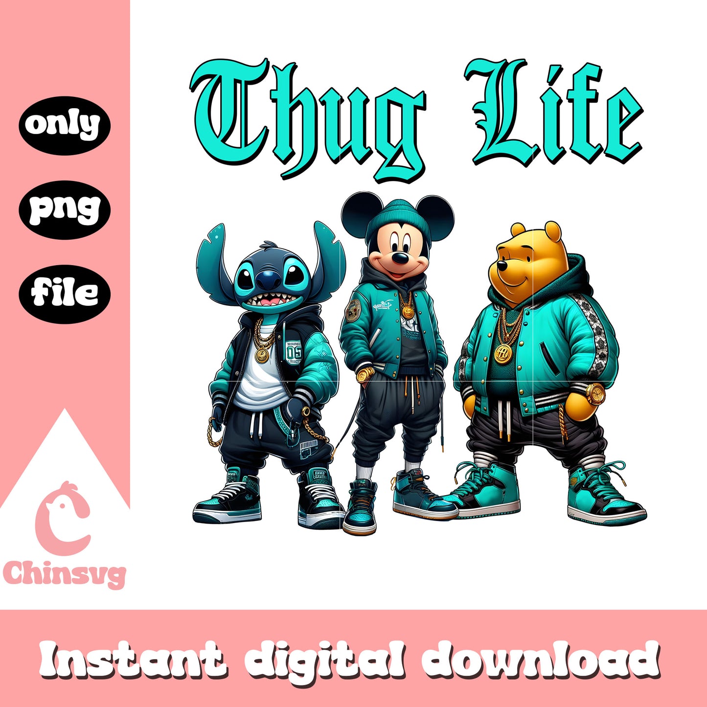 Thug life mickey pooh stitch gangster png, disney cartoon character png
