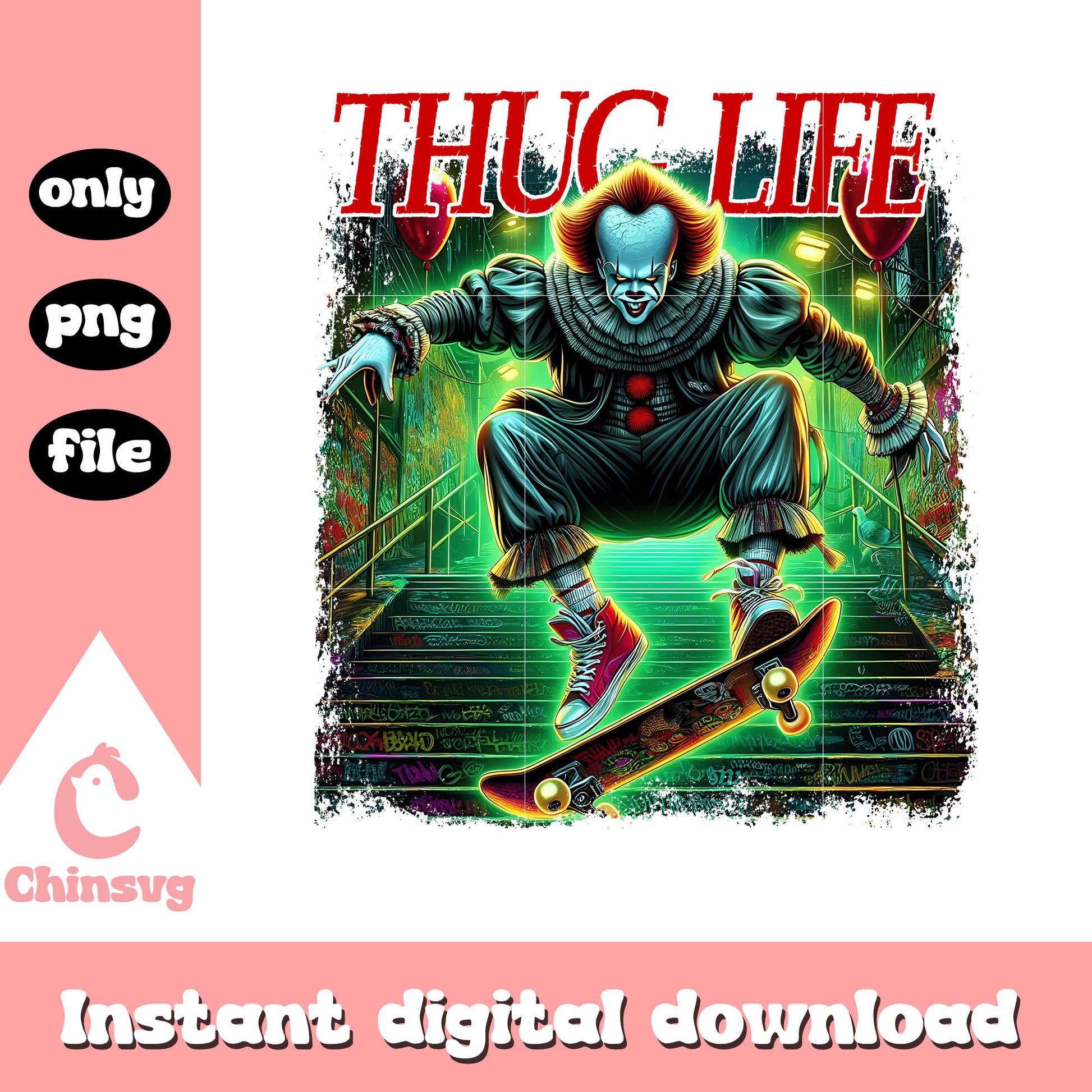 Thug life pennywise skateboarding design png, pennywise movie png