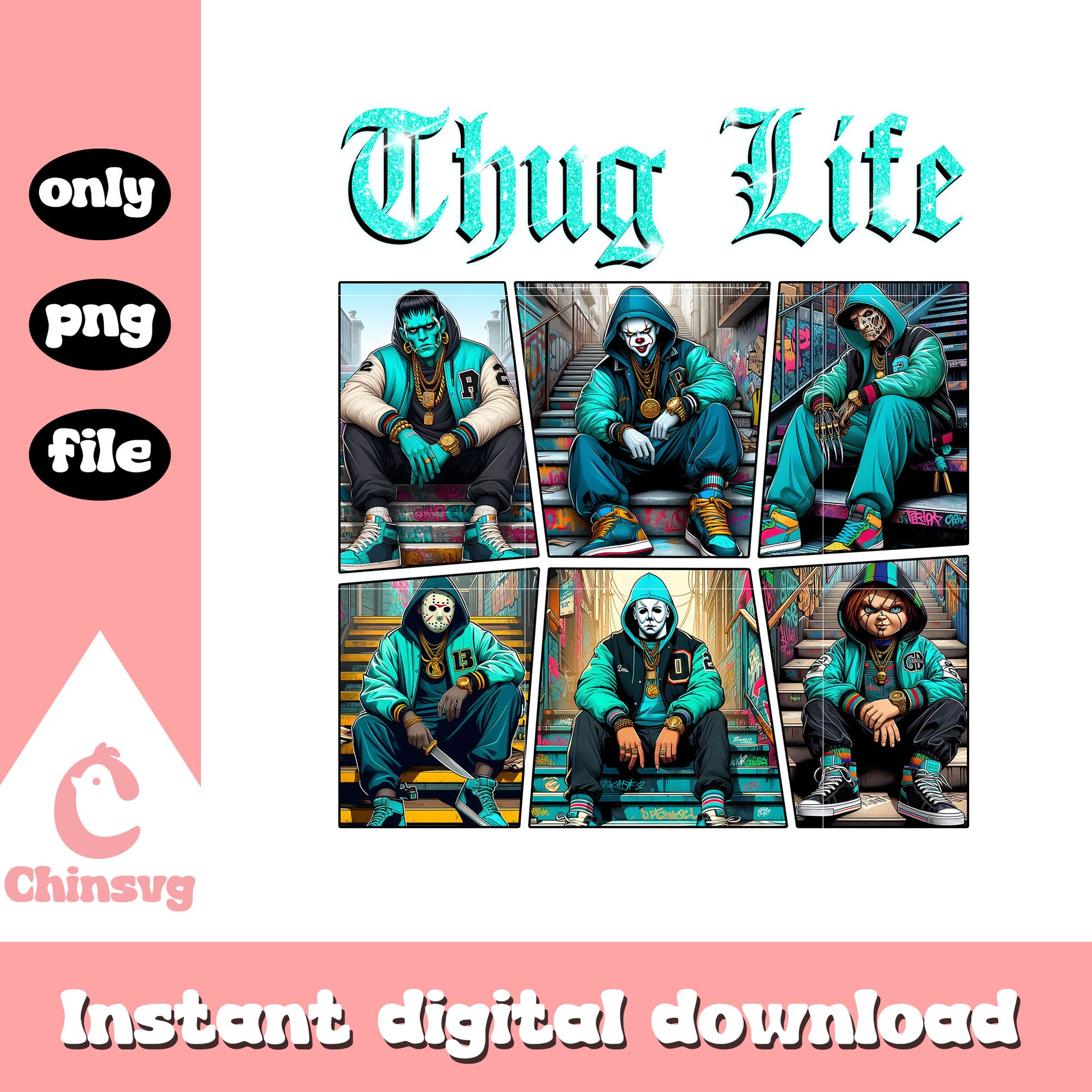 Thug life spooky characters cartoon gangster hip hop png, horror characters png