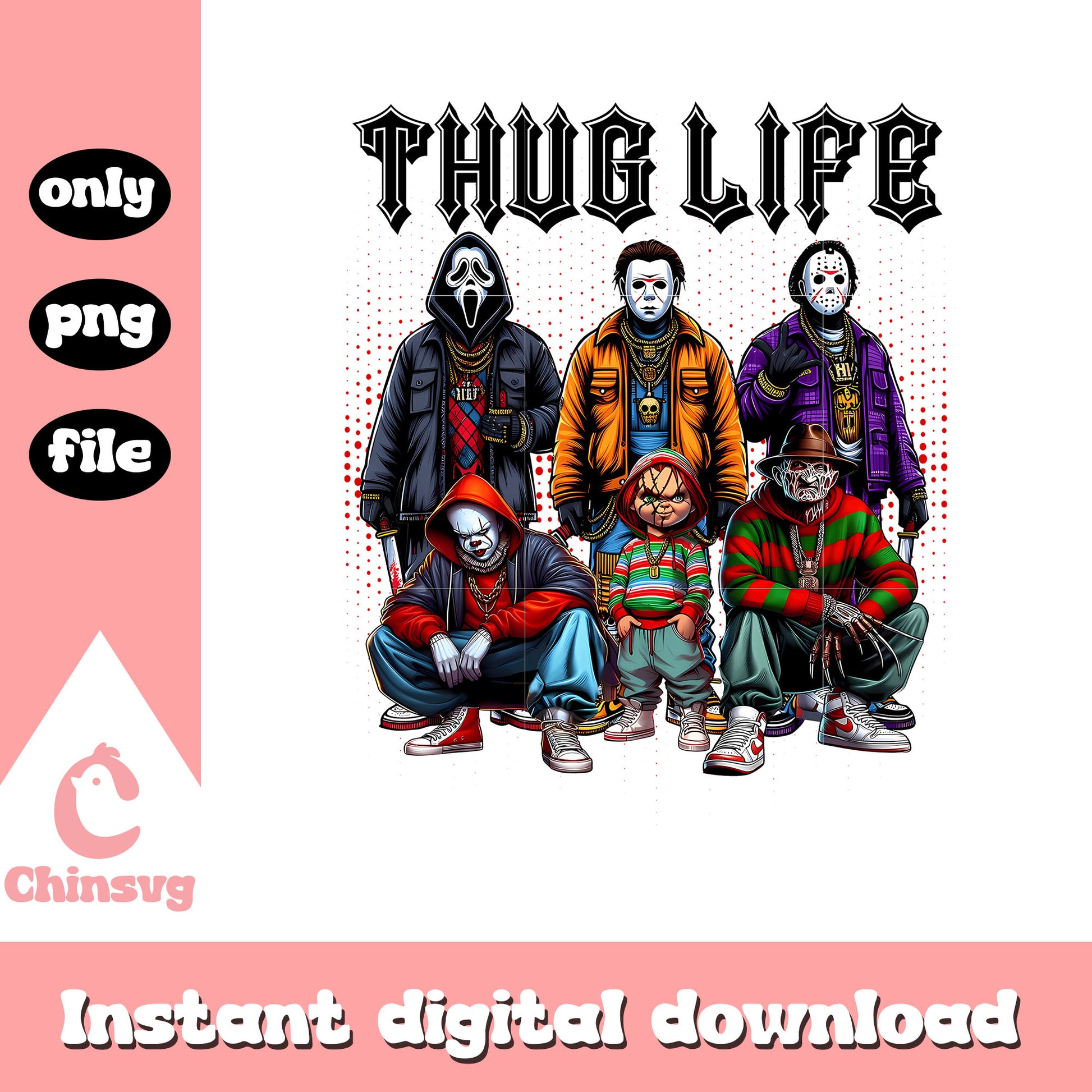 Thug life spooky streetwear black font png, character horror movies png