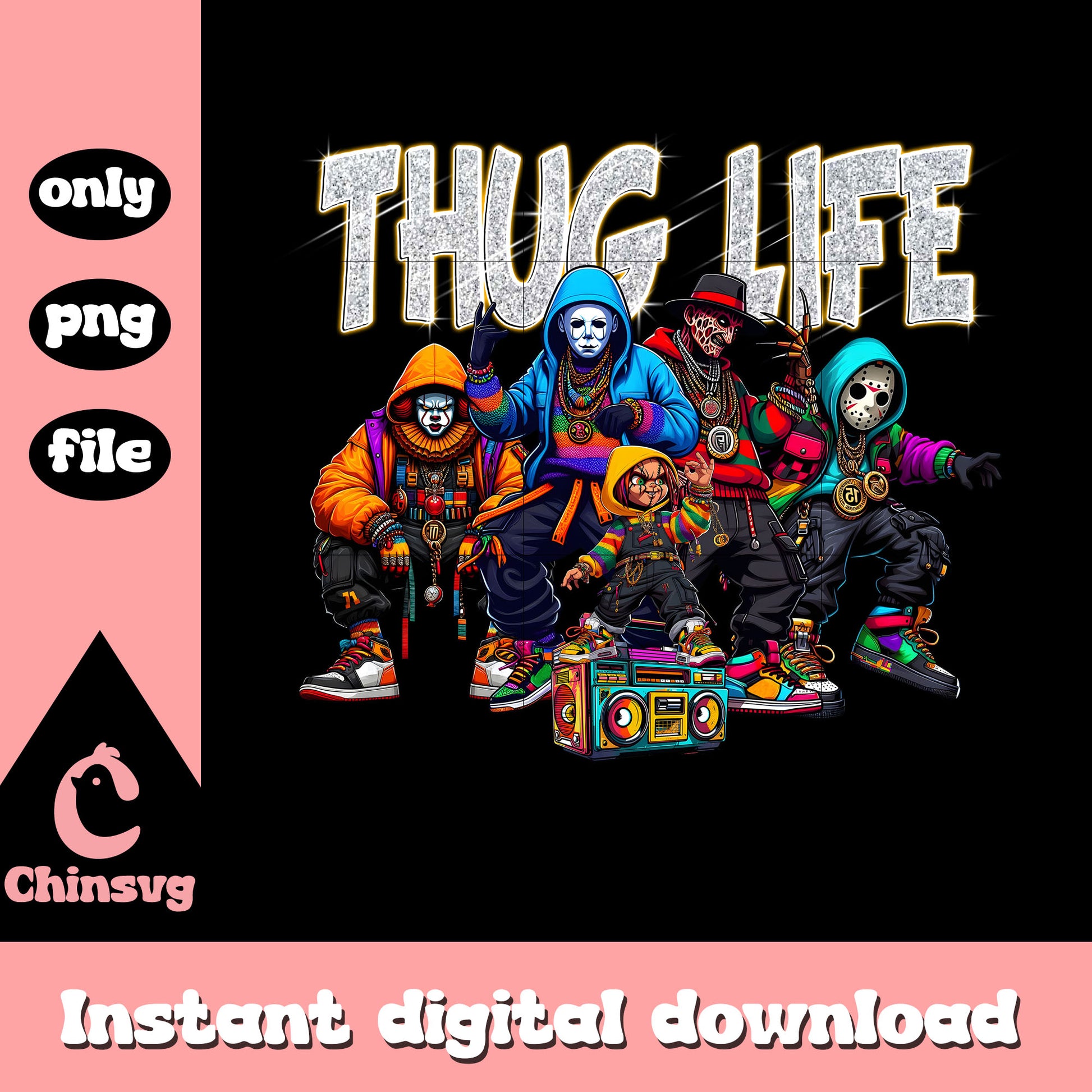 Thug life street style boombox clipart png, iconic horror movie characters png
