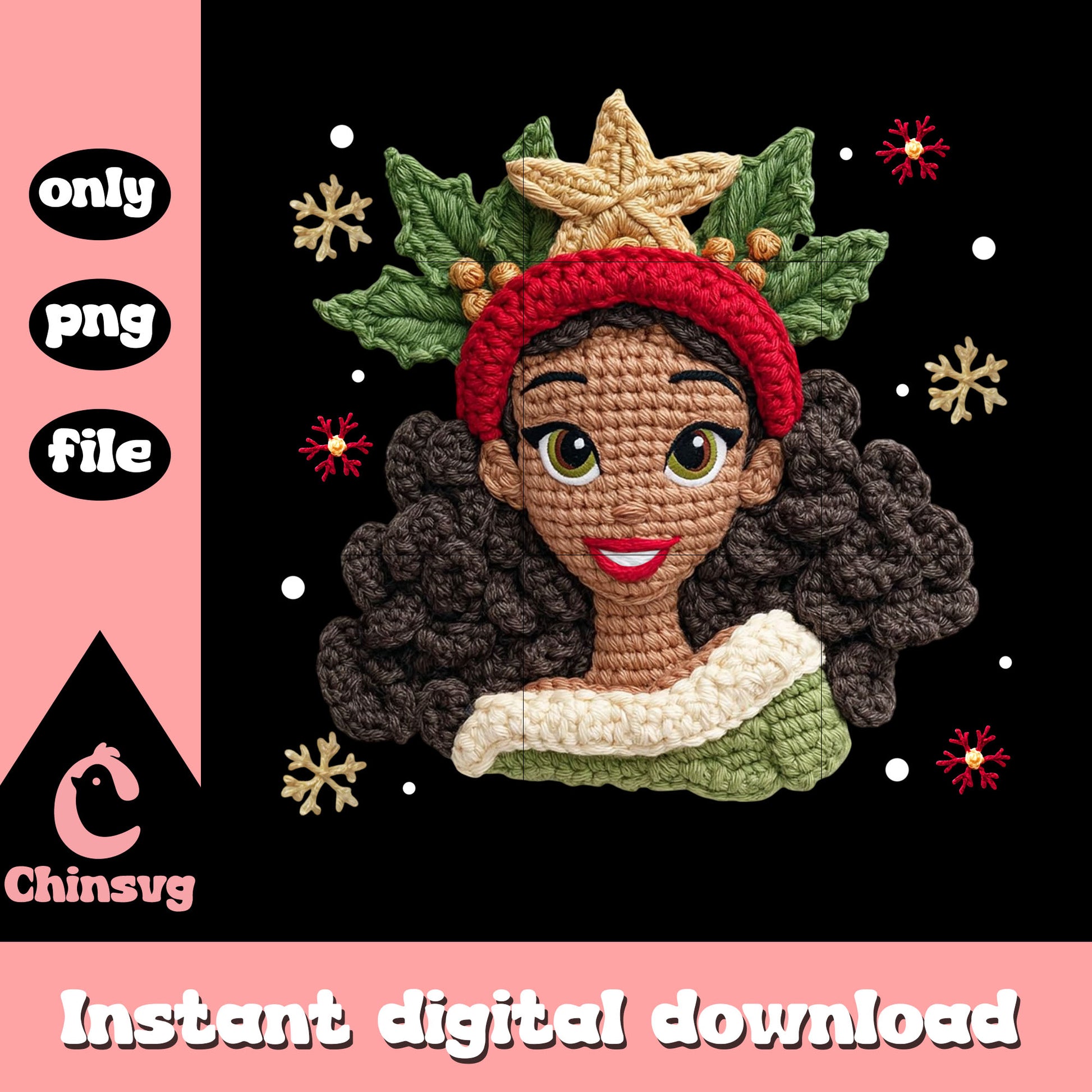 Tiana princess christmas crochet design png, princess and frog png