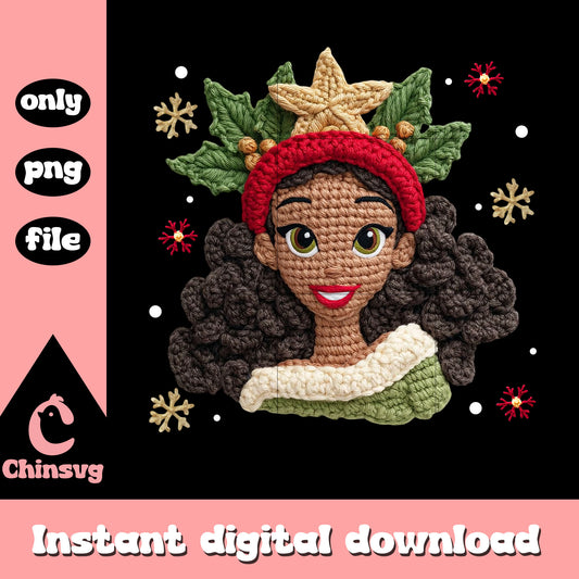 Tiana princess christmas crochet design png, princess and frog png