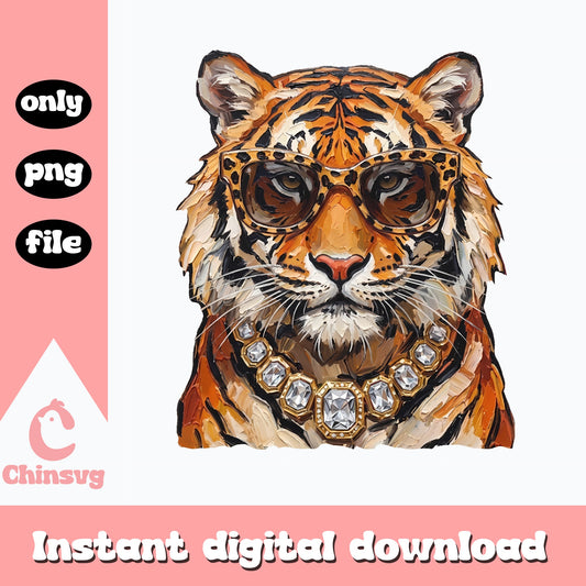 Tiger With Glasses And Jewelry PNG, Trendy Animal Clipart, PNG