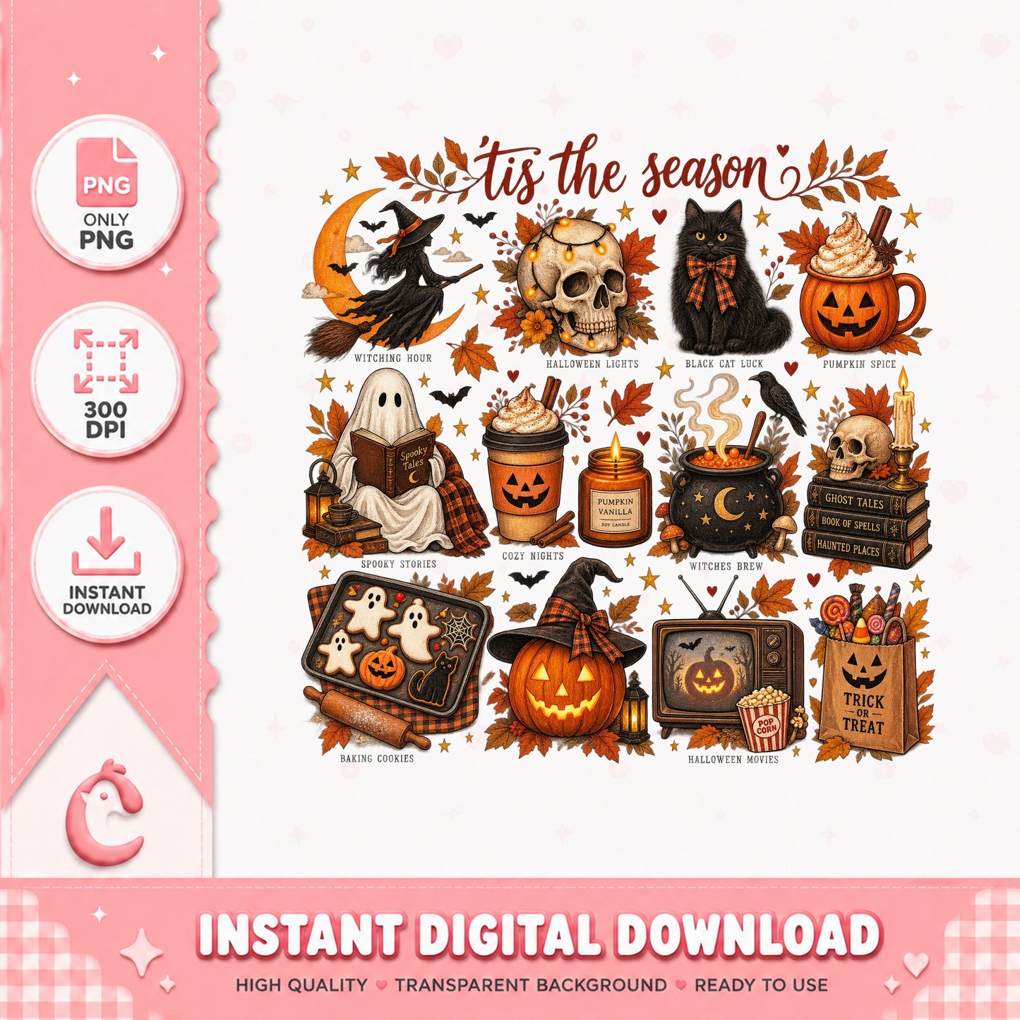 Tis The Season Halloween Clipart Bundle, Fall Autumn PNG, Halloween PNG