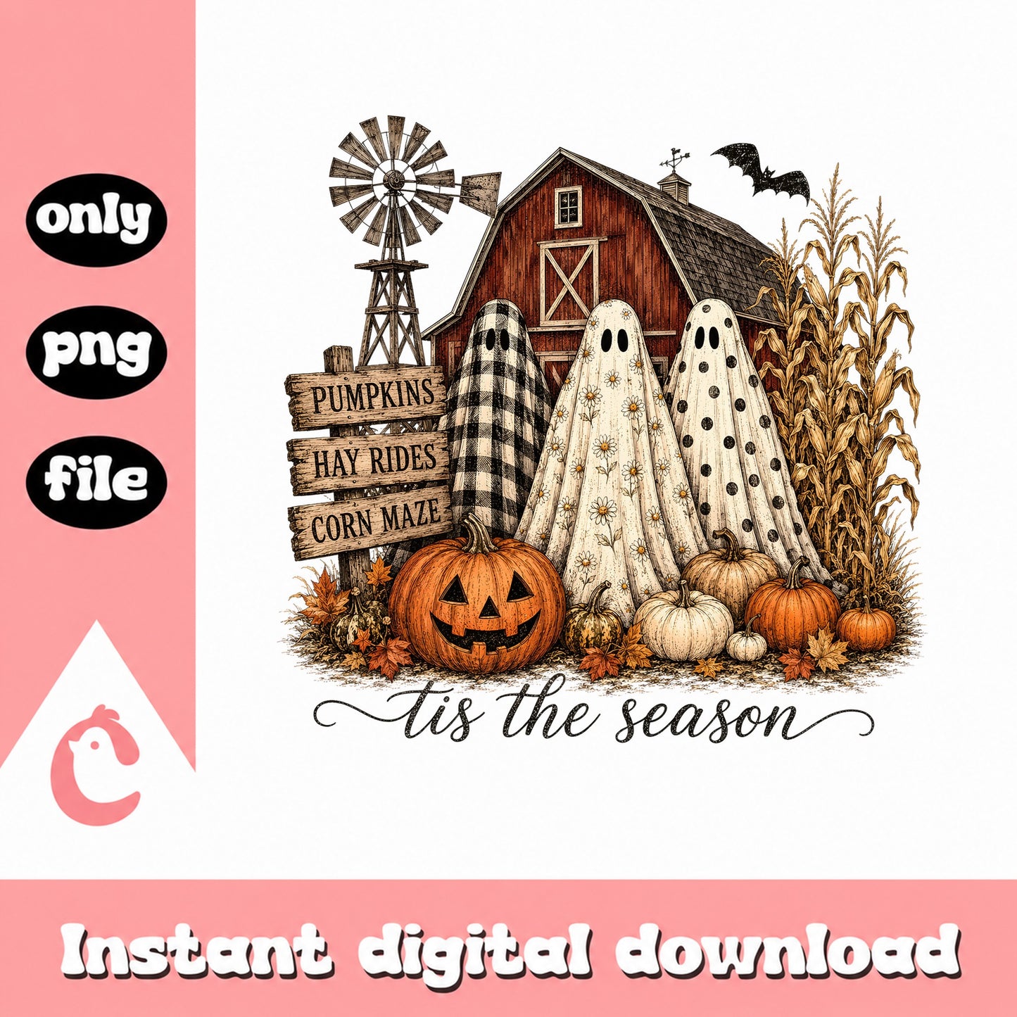 Tis The Season Halloween Ghost Farm PNG, Pumpkin PNG, Halloween PNG
