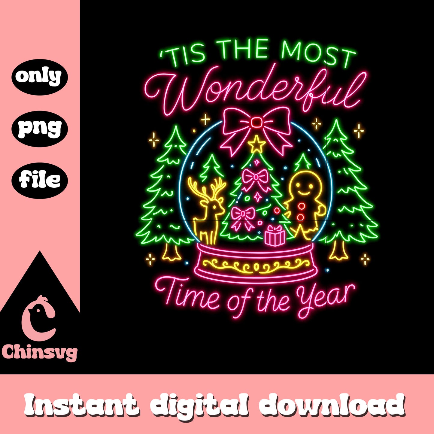 Tis the most wonderful time snow globe neon png, funny christmas png
