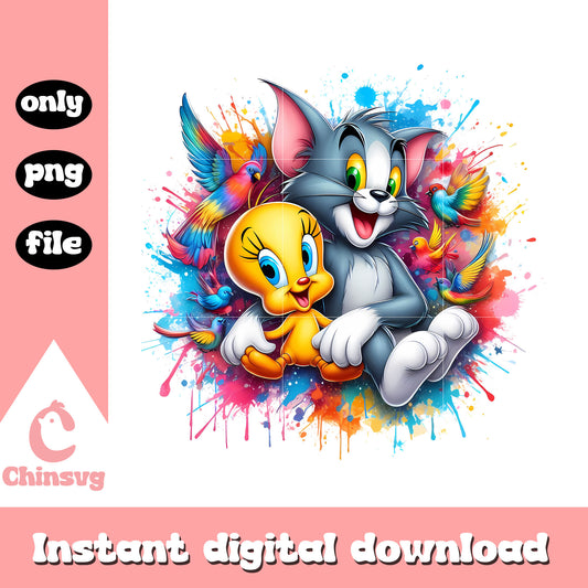Tom and tweety colorful design png, cartoon png, looney tunes png