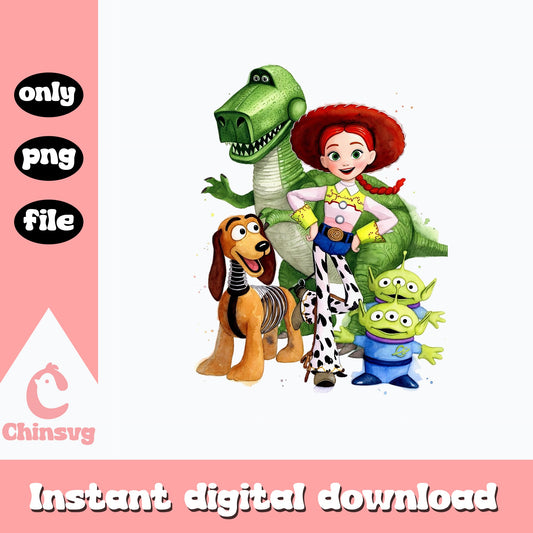 Toy Story Characters PNG, Jessie Rex Slinky Aliens, Disney PNG