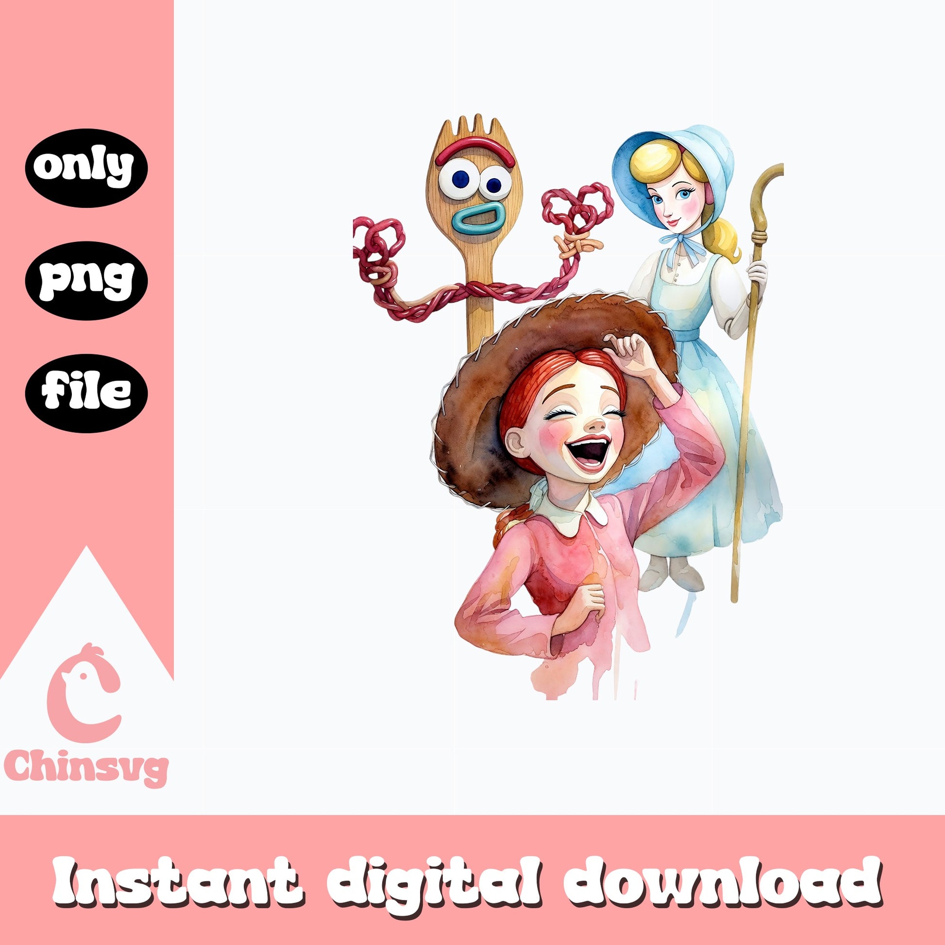 Toy Story Characters Watercolor PNG, Forky Bo Peep PNG, Disney PNG