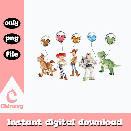 Toy Story Characters With Mickey Balloons PNG, Disney PNG, Woody Buzz PNG