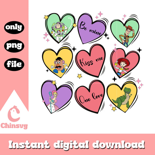 Toy story character heart shape png, toy story png, valentine png