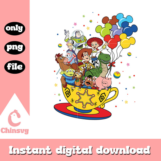 Toy story characters tea cup design png, disney characters png