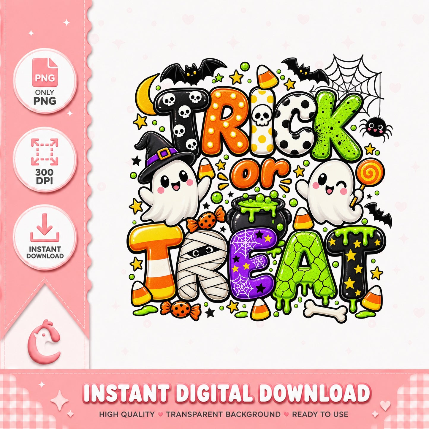 Trick Or Treat Halloween PNG, Cute Ghost Clipart, Sublimation PNG