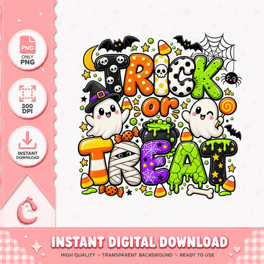 Trick Or Treat Halloween PNG, Cute Ghost Clipart, Sublimation PNG