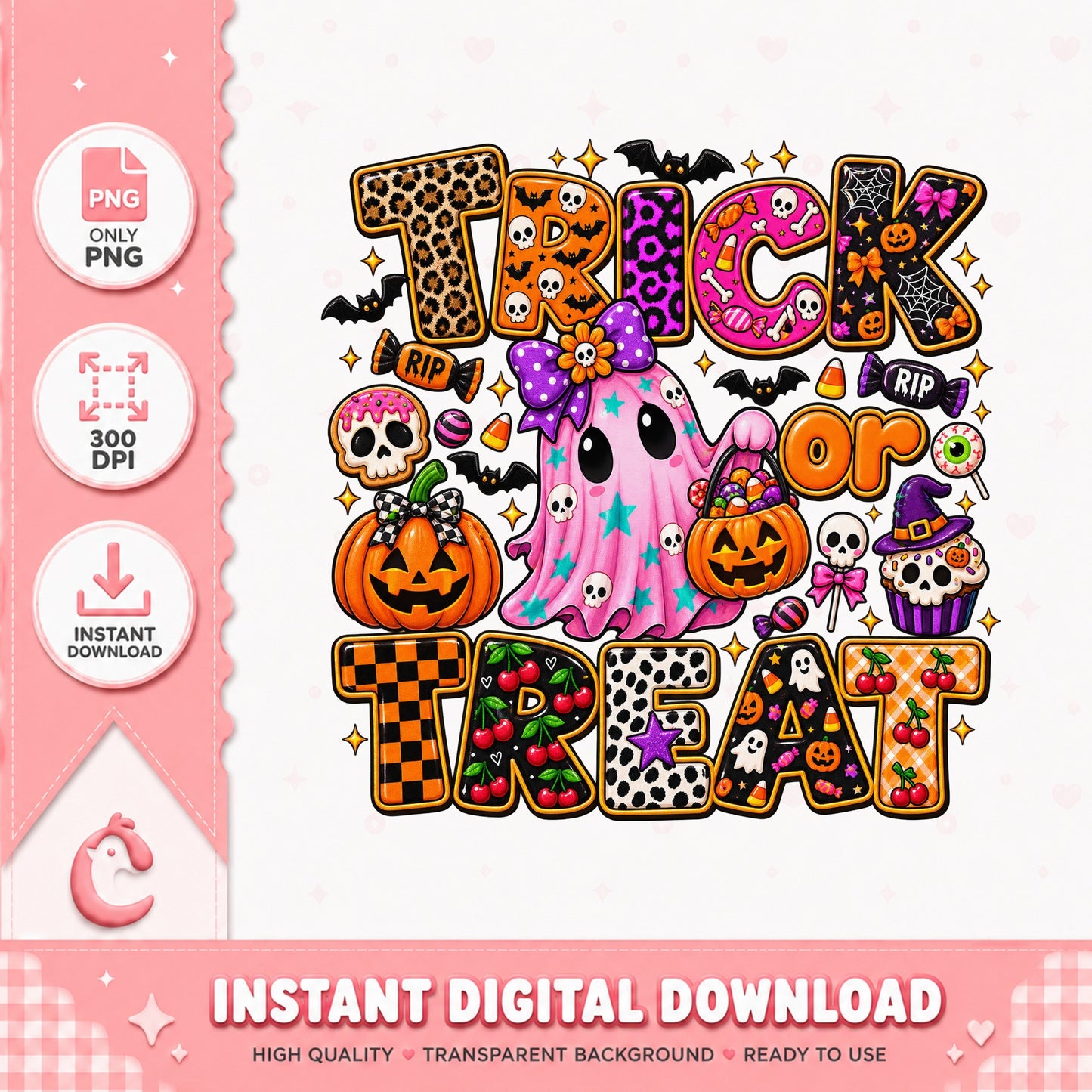 Trick Or Treat Halloween PNG, Cute Ghost Pumpkin, Leopard Print PNG