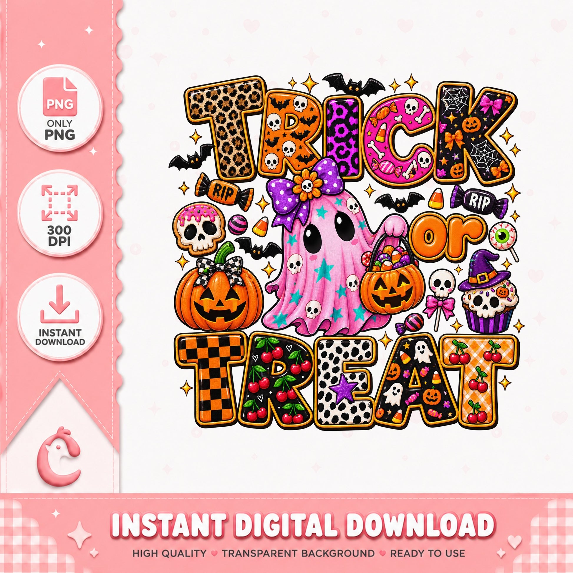 Trick Or Treat Halloween PNG, Cute Ghost Pumpkin, Leopard Print PNG