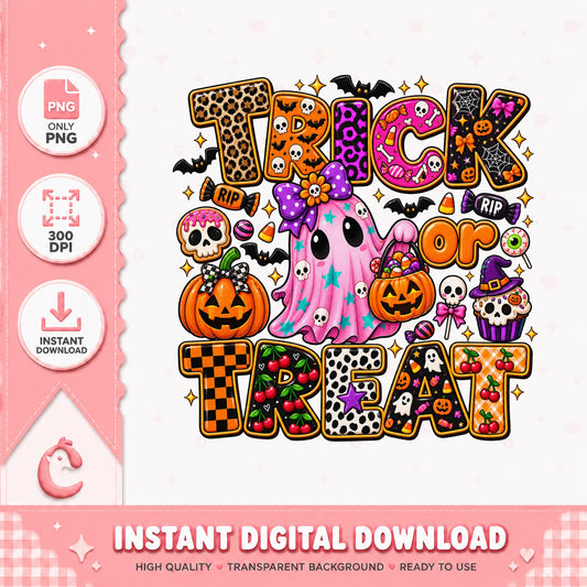 Trick Or Treat Halloween PNG, Cute Ghost Pumpkin, Leopard Print PNG