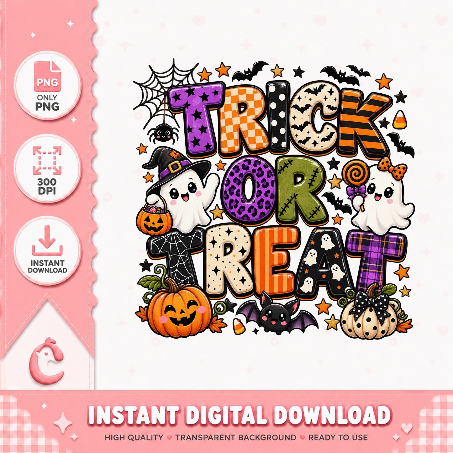 Trick Or Treat Halloween PNG, Cute Ghost Pumpkin, Sublimation PNG