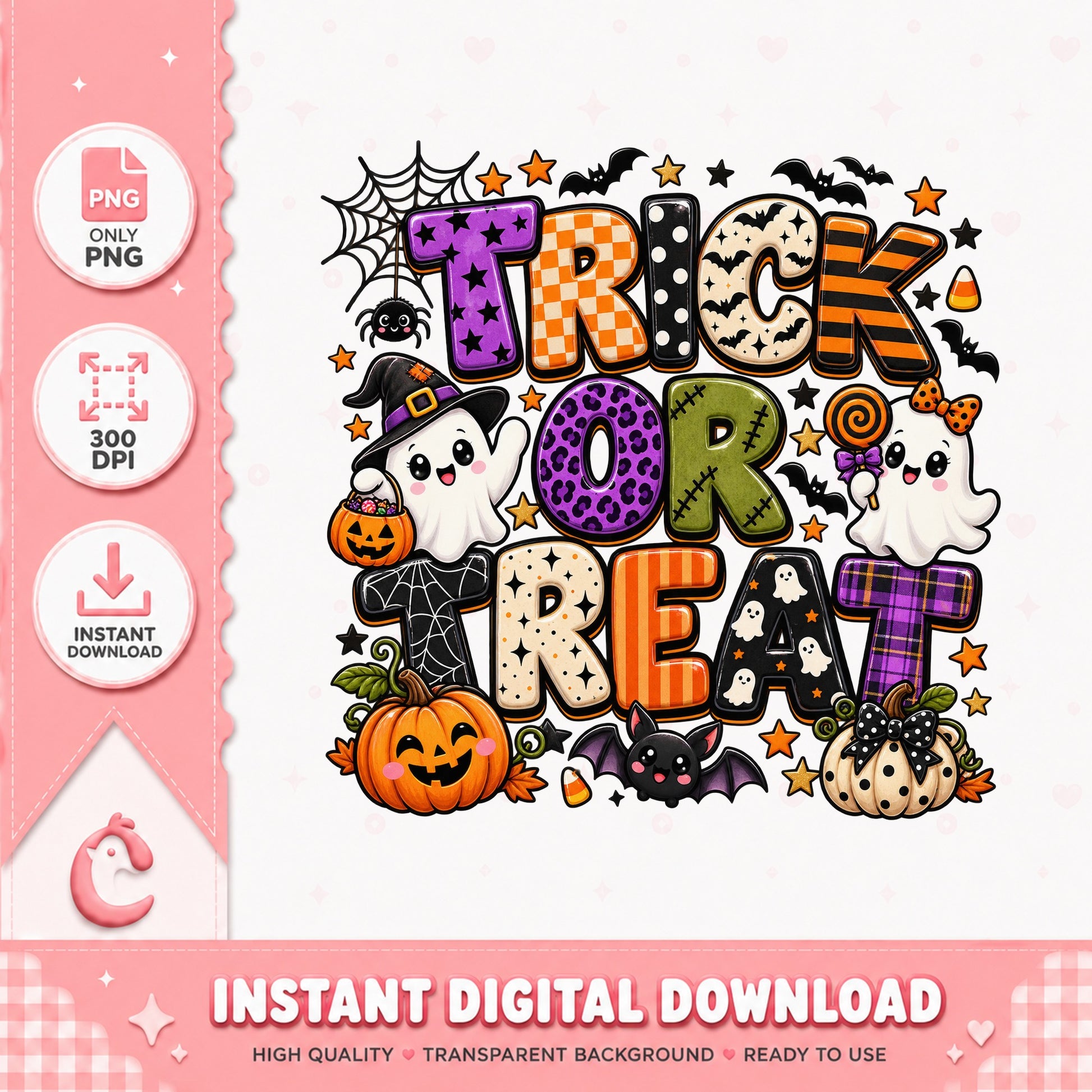 Trick Or Treat Halloween PNG, Cute Ghost Pumpkin, Sublimation PNG