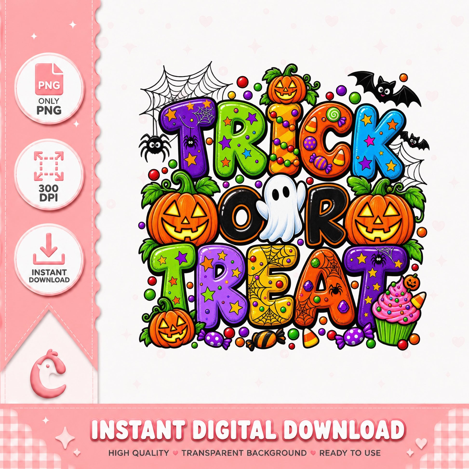 Trick Or Treat Halloween Sublimation, Pumpkin Ghost Design, PNG