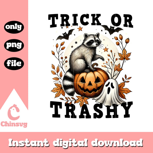 Trick or trashy raccoon clipart design png, pumpkin the raccoon png