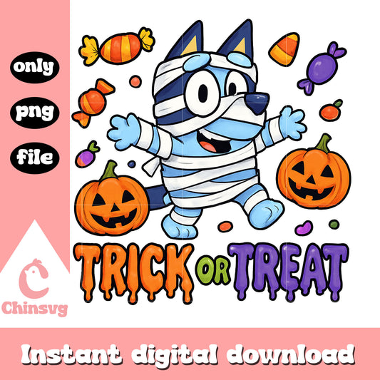 Trick or treat bluey mummy design png, mummy halloween png 