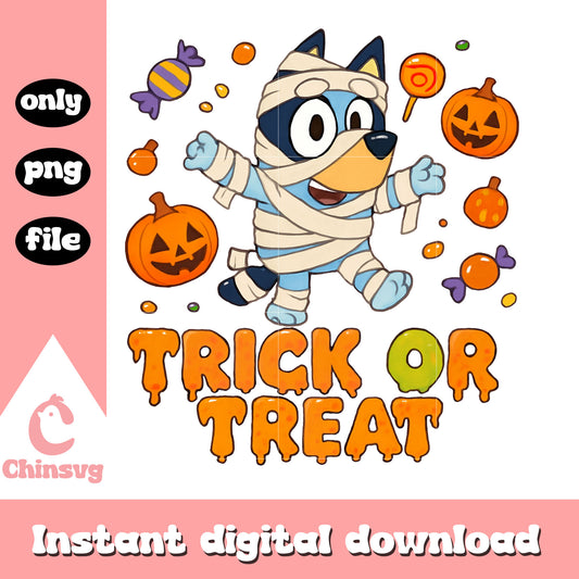 Trick or treat bluey mummy png, halloween mummy decor png 