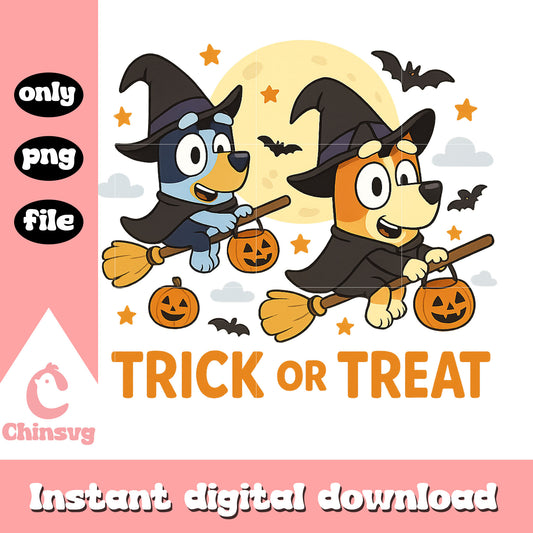 Trick or treat bluey witches design png, happy halloween png 